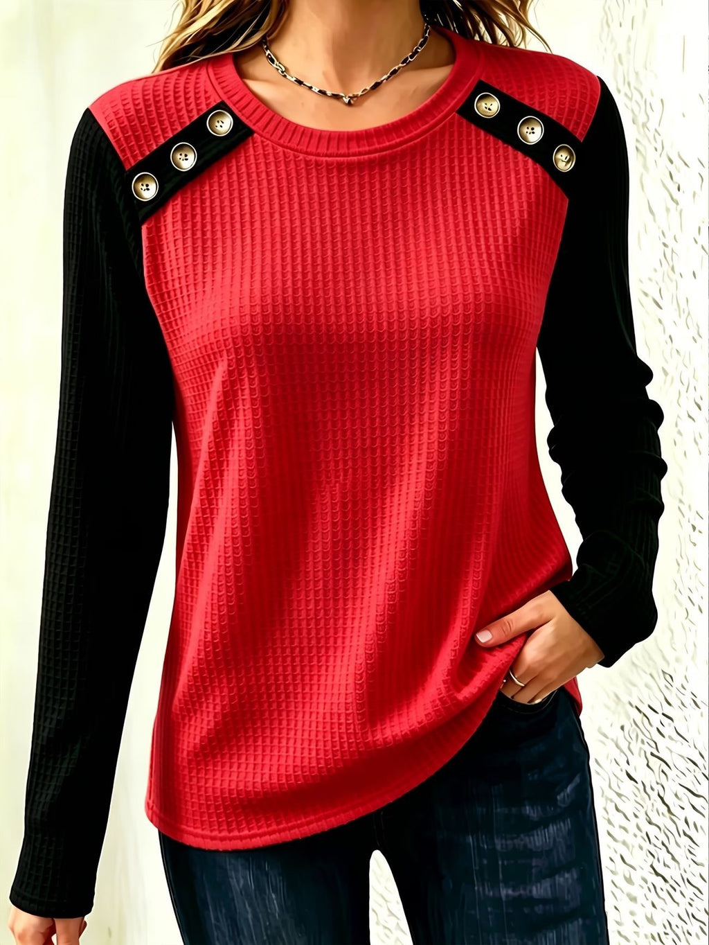 FallWinter Crew-neck Patchwork Waffle-knit Long-sleeve Top by Ricaloux