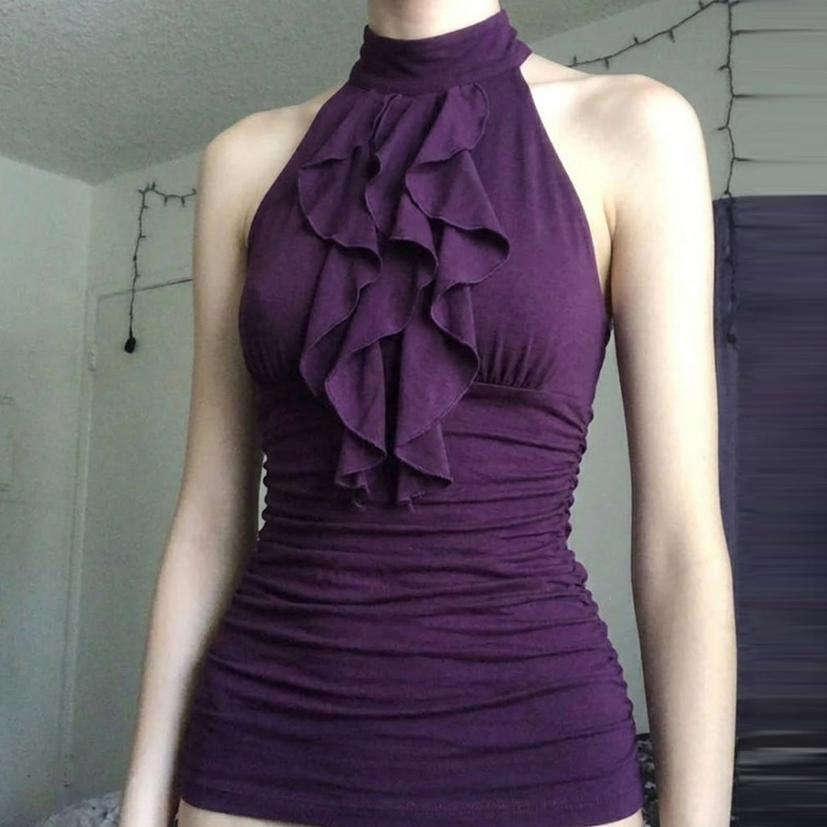 Niche Vintage-style Ruffled Halter-neck Turtleneck Top by Ricaloux