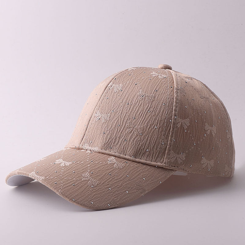 Korean-style Soft Style Bow Tie Rhinestone Baseball Cap With Textured Pleats And Breathable Brim Outdoor Versatile Hat For Outings With A Curved Brim by Ricaloux