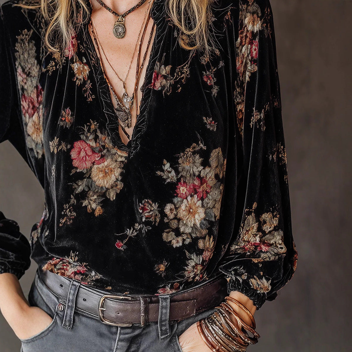 Womens Loose-fitting Long-sleeve Gold Velvet Top by Ricaloux