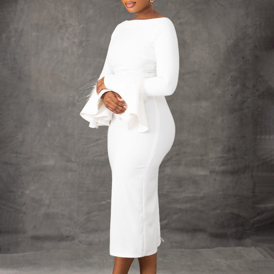 Fashion Solid Color Sheath Bell Sleeve OL African Dress - RICALOUX