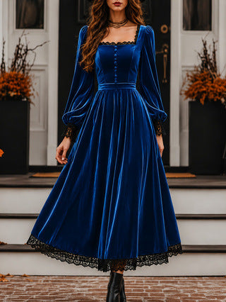 Square-neck Lace-panel Velvet Dress by Ricaloux