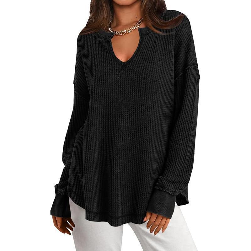 Womens AutumnWinter Casual Knitted Sweater Solid-Color Long-Sleeve V-Neck Waffle-Weave Hoodie Top by Ricaloux