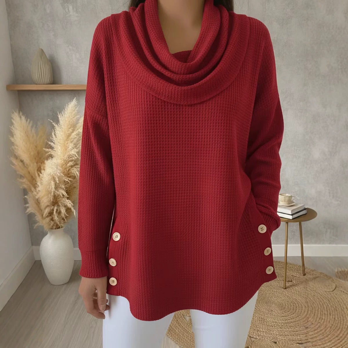 Solid-color Turtleneck Pullover Long-sleeve Womens Top With Buttons by Ricaloux