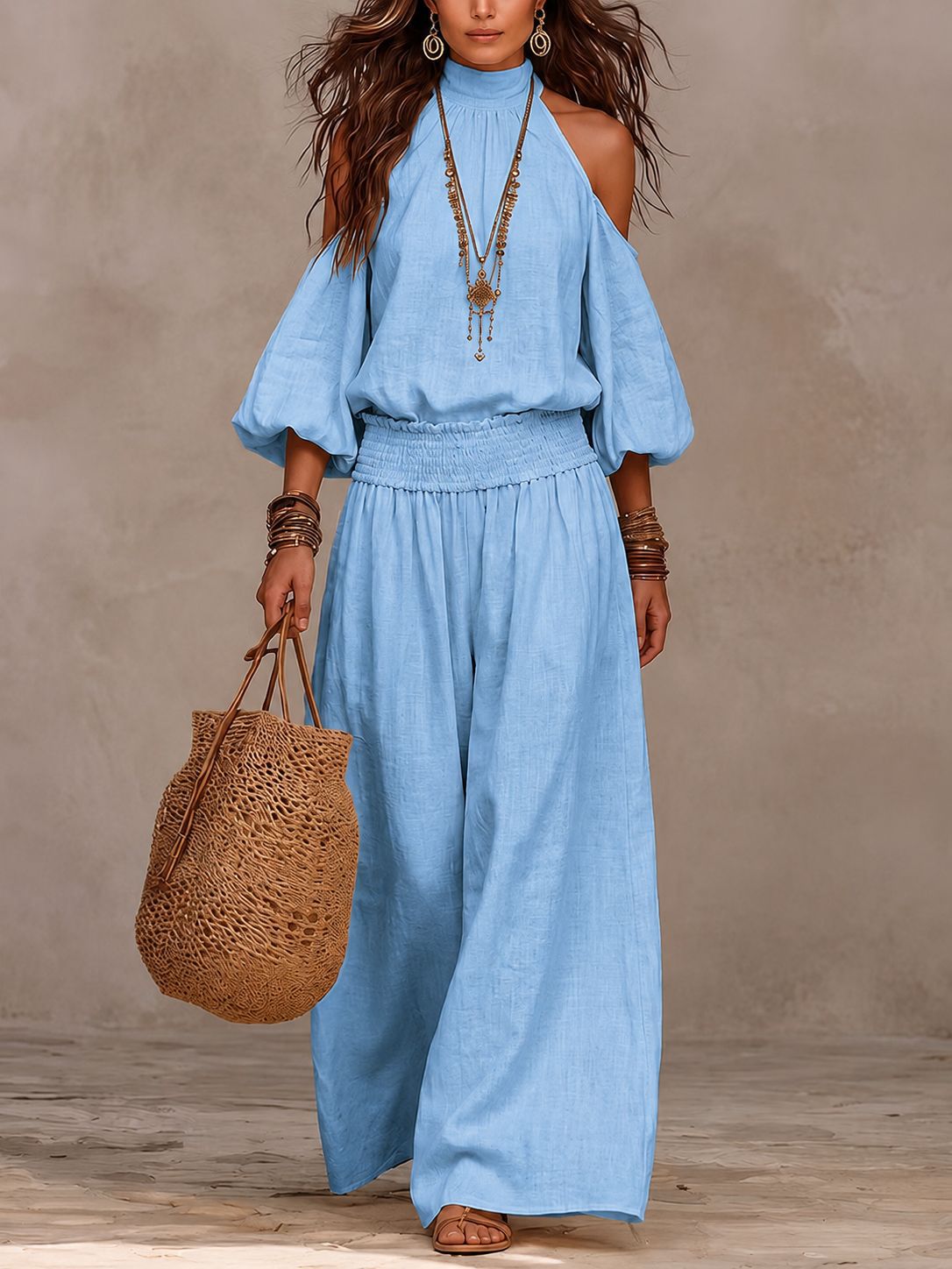 Womens Fashionable Casual Round-Neck Loose-Fit Long-Sleeve Hollow-Out Top And Pleated Pants Set – Premium 0 | RICALOUX