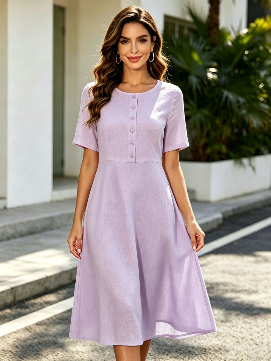 Elegant Round-neck Short-sleeve Buttoned A-line Dress With A Fitted Waist For Workwear by Ricaloux