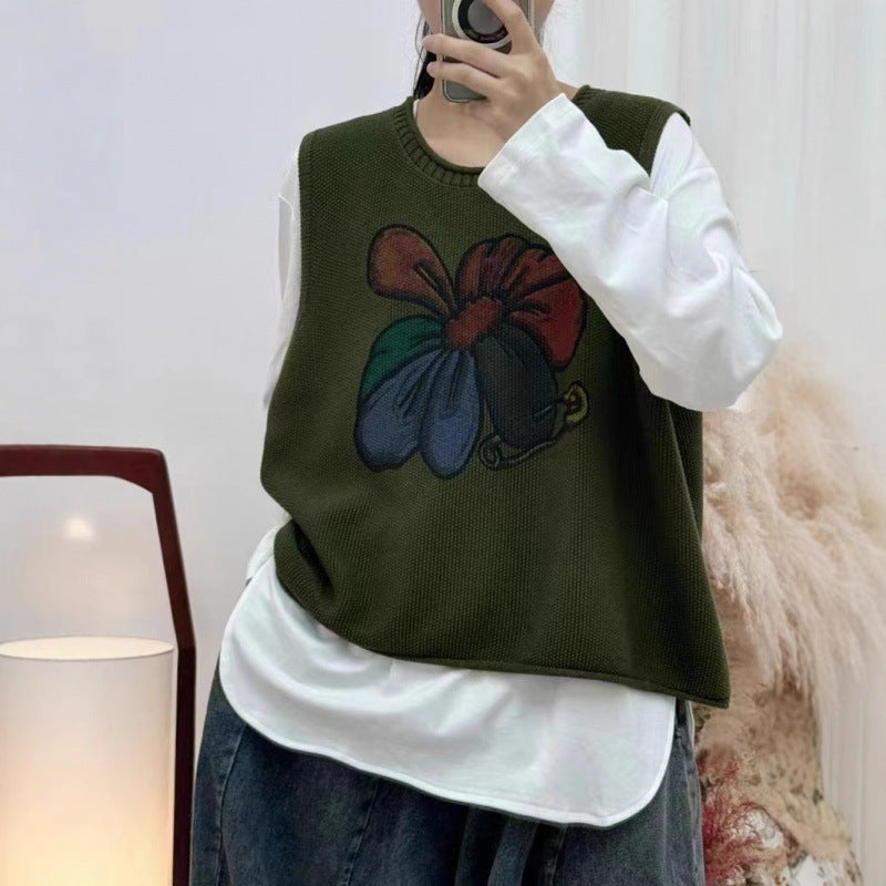 Womens Floral-Print Crew-Neck Loose-Fit Vintage Knitted Vest – Premium 0 | RICALOUX