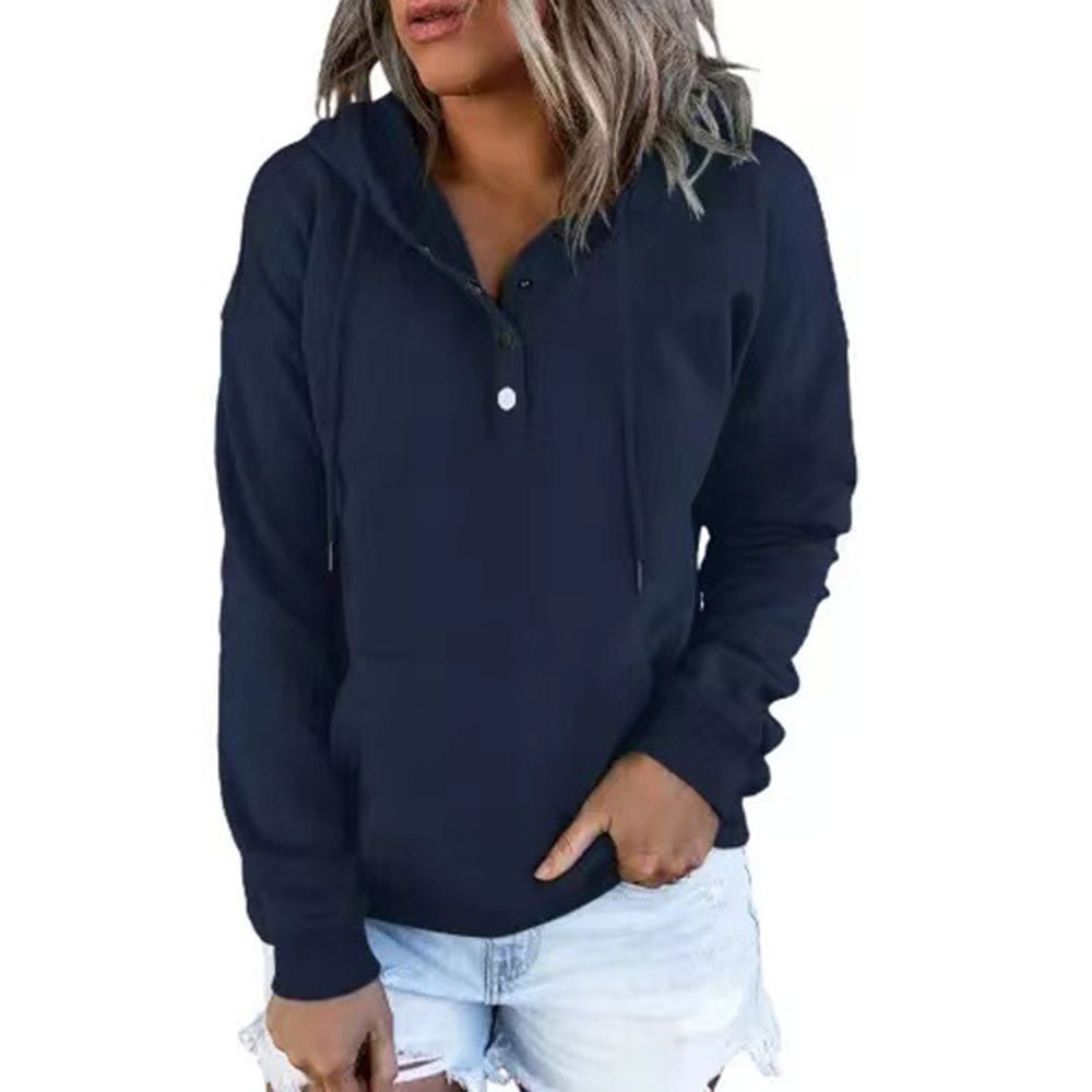 Long-sleeved Hooded Sweatshirt With Pockets Fashion Casual Button Drawstring Design Hoodie Top Spring And Autumn Sports Clothing For Women - RICALOUX