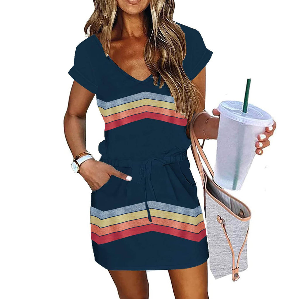 V-neck Short-sleeved Pullover Dress With Drawstring Elastic Waist And Pockets by Ricaloux
