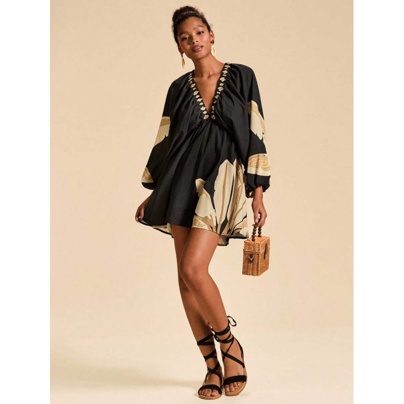 Womens Short Printed Long-Sleeve V-Neck Dress by Ricaloux