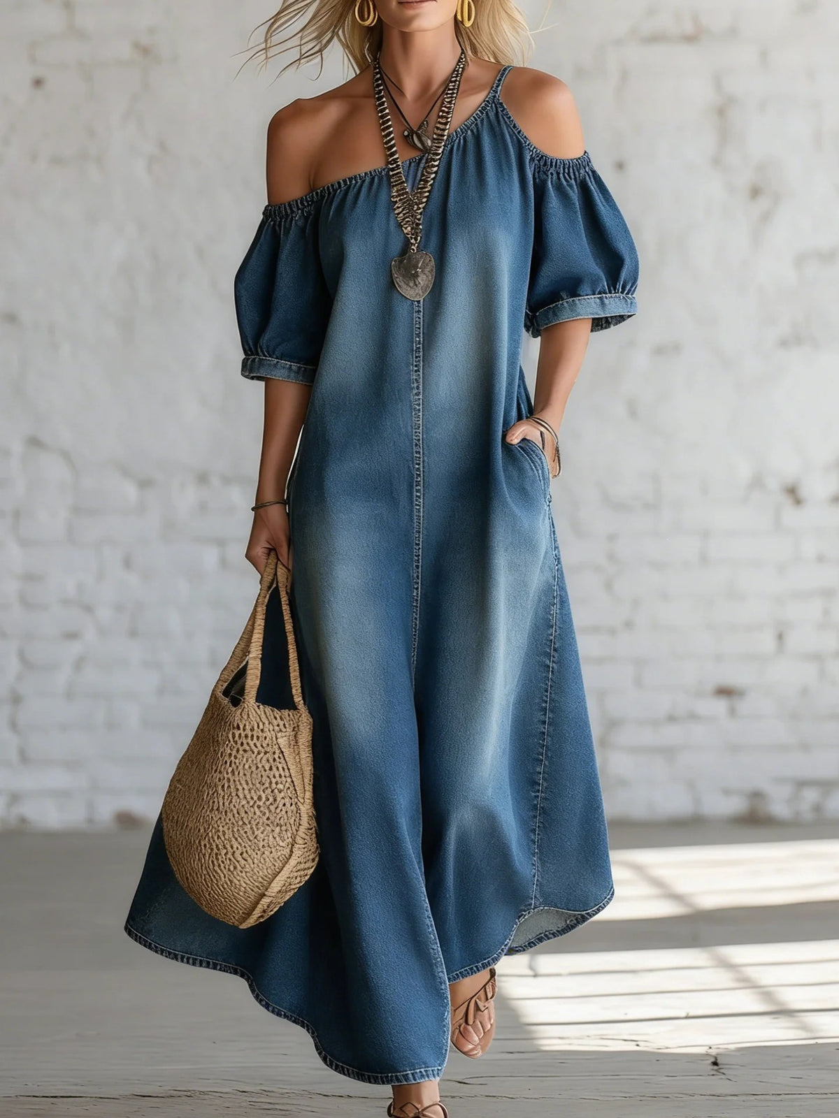 Loose-fit Chic Off-shoulder Slit Denim Maxi Dress by Ricaloux