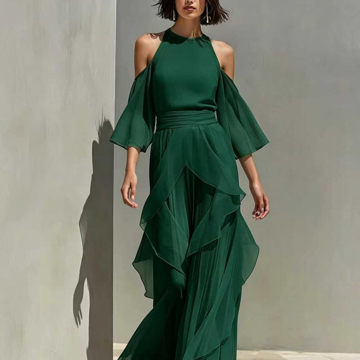 Womens Chiffon Blouse And Flare-sleeve Straight-leg Pants Set by Ricaloux