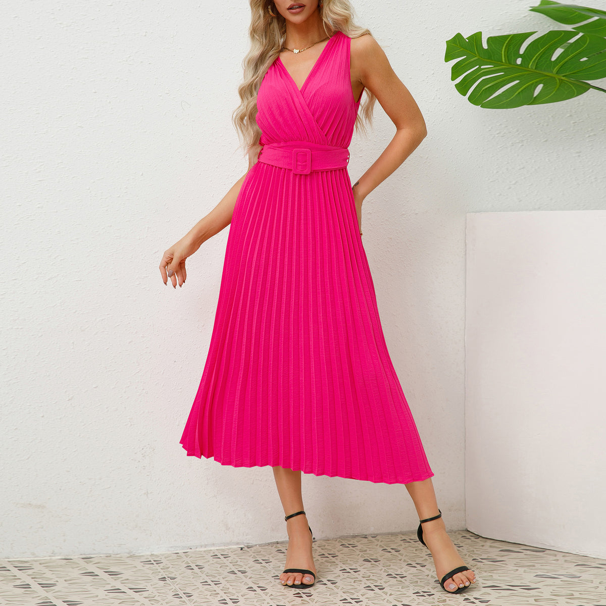 European And American V-neck Pleated Belt Dress - RICALOUX