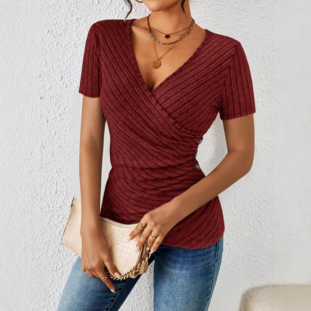 Solid-color V-neck Casual Short-sleeve Womens Top by Ricaloux