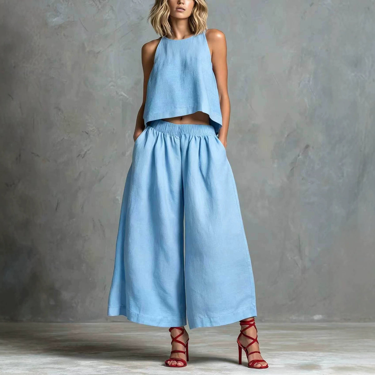 Loose Laid-back Linen Vest And Wide-leg Pants Set – Premium 0 | RICALOUX