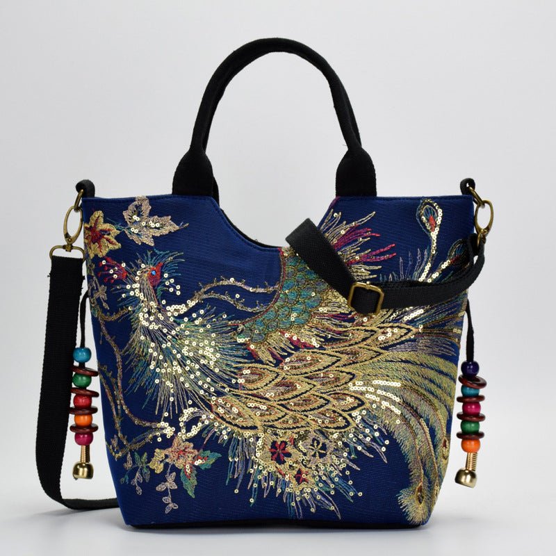 Canvas peacock embroidery small handbag - RICALOUX