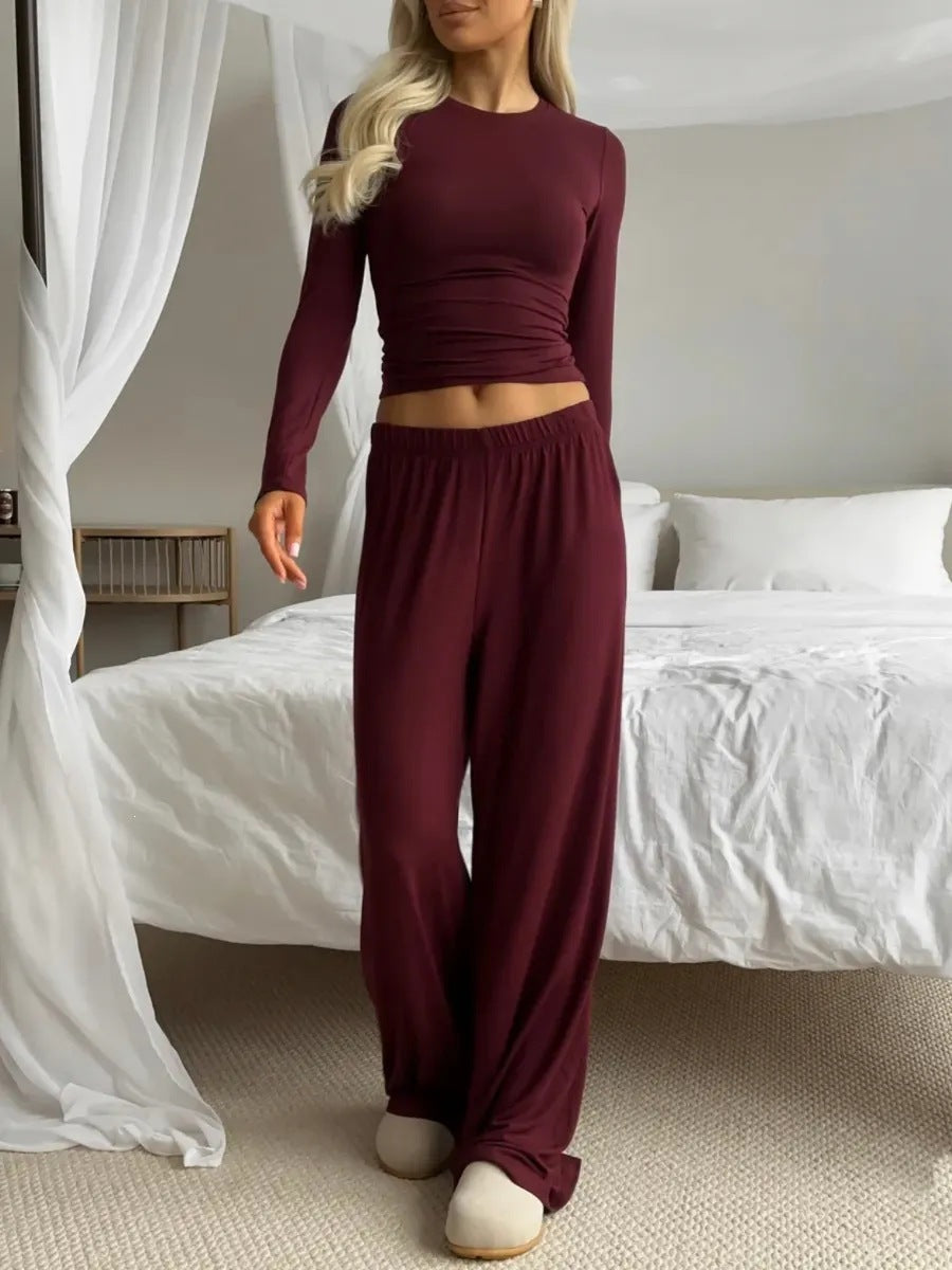 European And American-style Solid-color Long-sleeve Wide-leg Pants Set For Women by Ricaloux