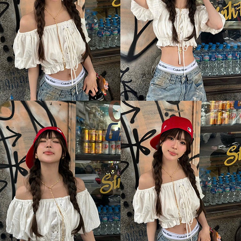 Street Girl Style One-shoulder Pleated Bubble Short-sleeved Shirt by Ricaloux