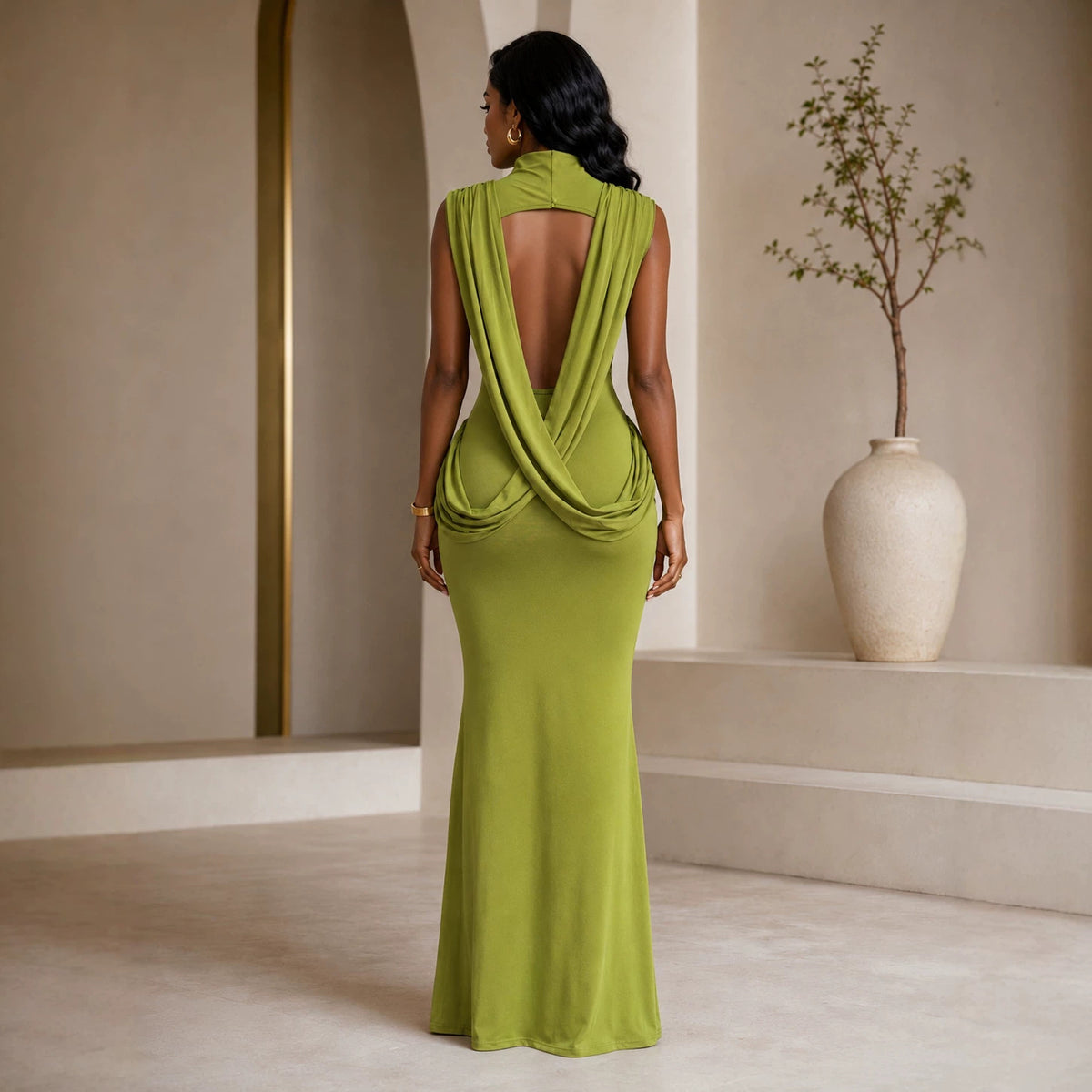 Figure-flattering Backless Mid-neck Dress by Ricaloux