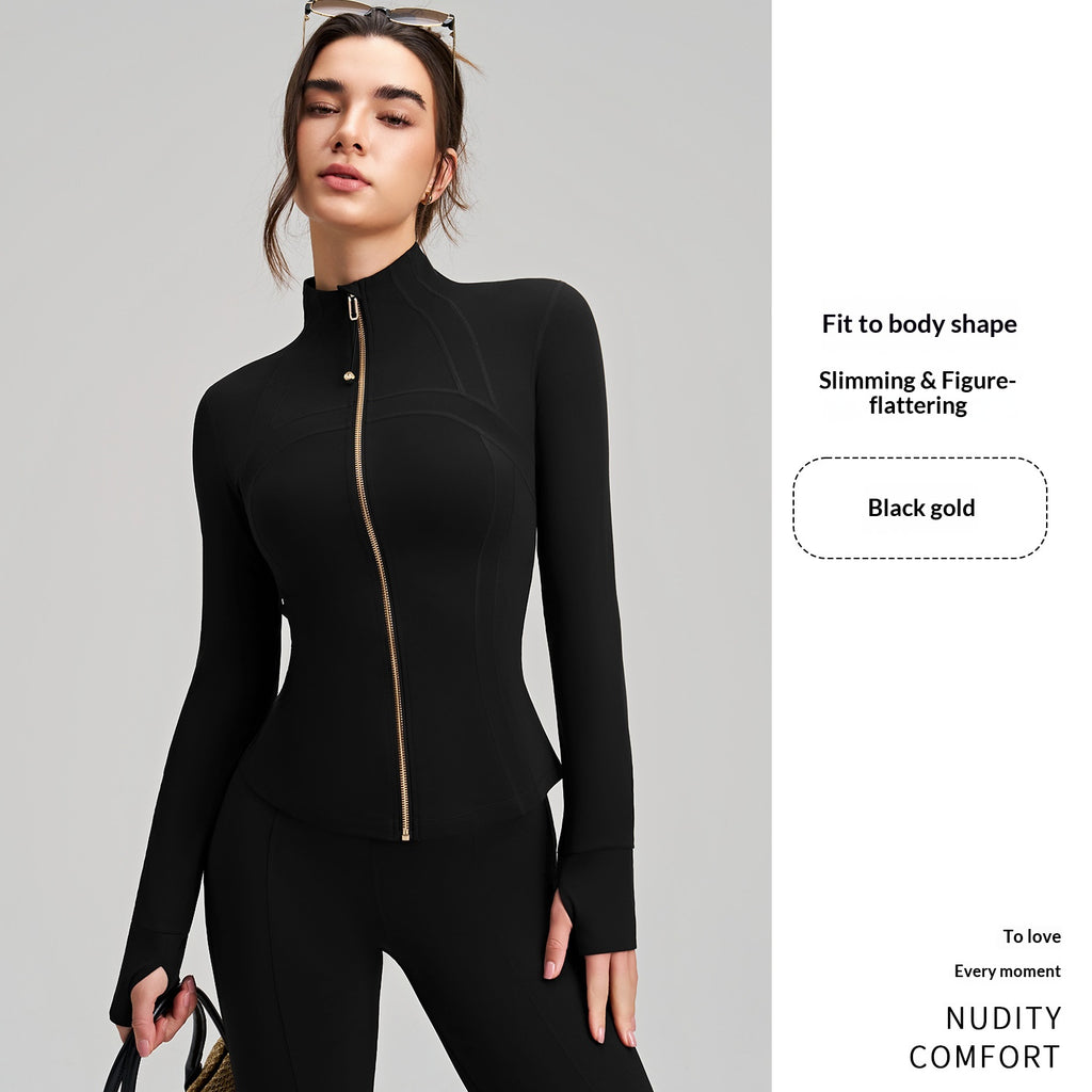 New Women's Slim-Fit Sports Jacket, Long-Sleeve Yoga Top With Finger Cuffs, Stand Collar Premium Yoga Wear by Ricaloux