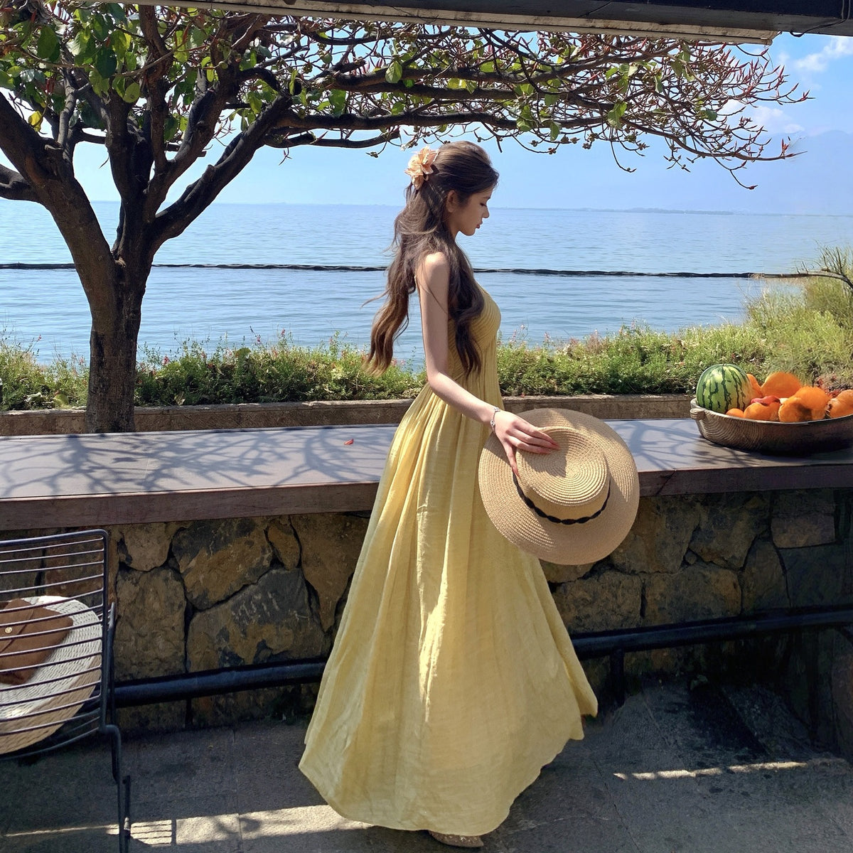 Stunning Yellow V-neck Tea-length Strap Dress For Summer by Ricaloux