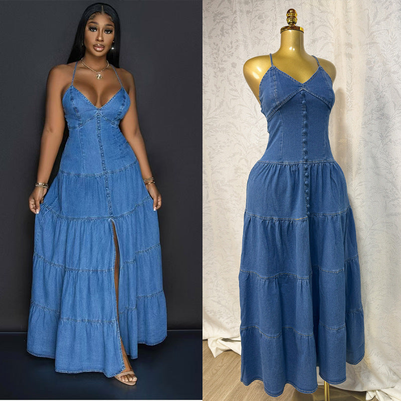 Fashionable V-neck Strapless Backless Denim Dress With Tie Detailing by Ricaloux