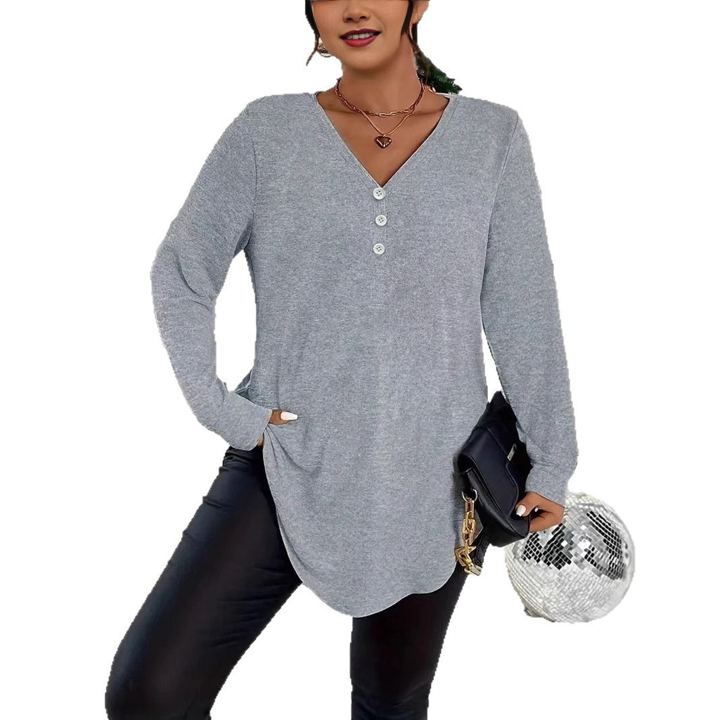Womens Plus-Size Solid-Color Long-Sleeve Top With Buttons – Premium 0 | RICALOUX