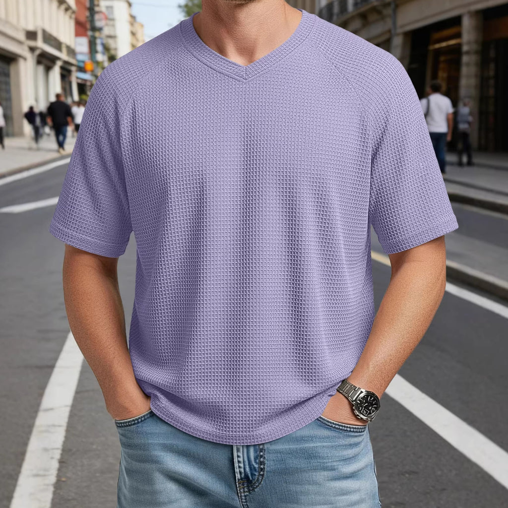 Mens V-neck Raglan Waffle-Knit Short-Sleeve Knit T-Shirt – Premium 0 | RICALOUX