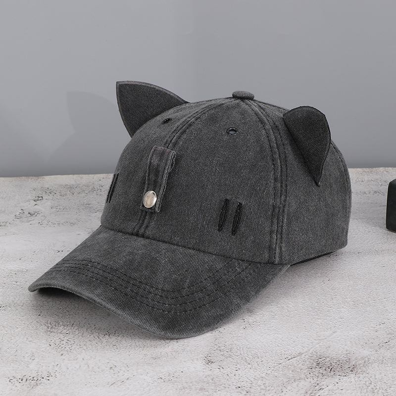 Washed And Distressed Three-dimensional Cat-ear Cat Whiskers Hole Baseball Cap, Sweet And Cool Street Style Daily Sun Protection – Premium 4 | RICALOUX