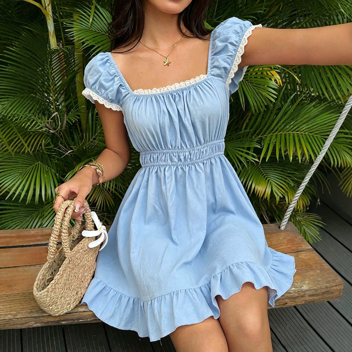 Summer French-Style Square-Neck Puff-Sleeve A-Line Dress For Women by Ricaloux
