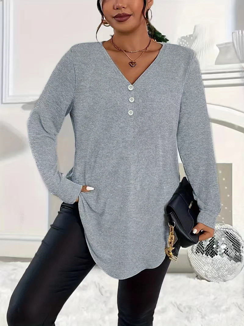Womens Plus-Size Solid-Color Long-Sleeve Top With Buttons – Premium 0 | RICALOUX