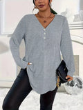 Womens Plus-Size Solid-Color Long-Sleeve Top With Buttons – Premium 0 | RICALOUX