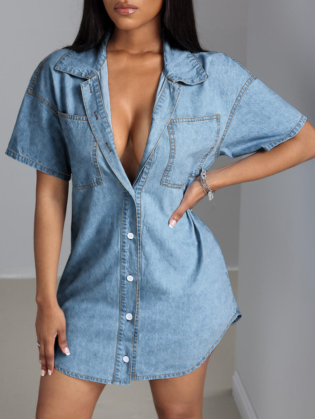 Womens Short-sleeved Loose-fit Denim Casual Shirt by Ricaloux
