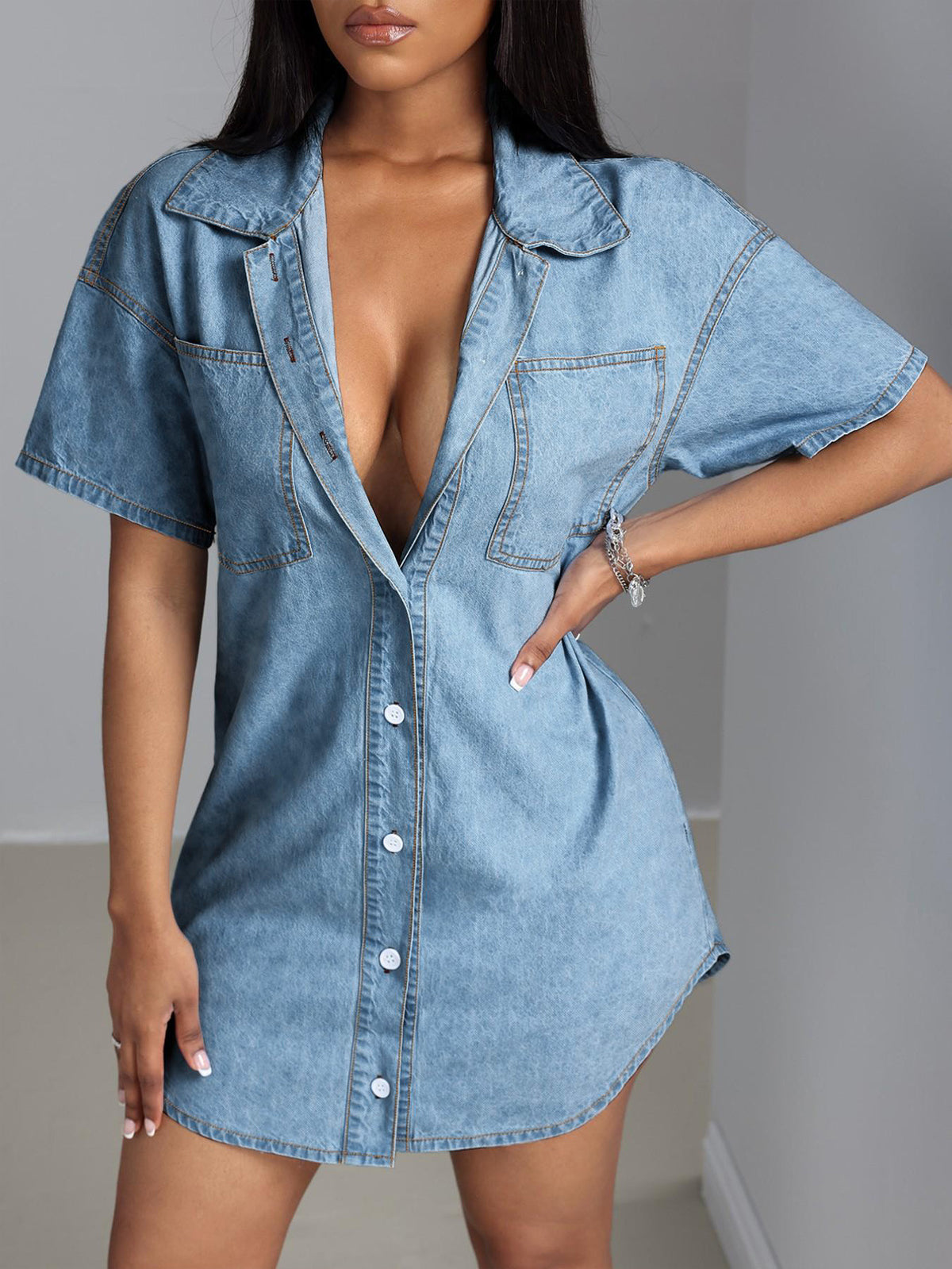 Womens Short-sleeved Loose-fit Denim Casual Shirt by Ricaloux