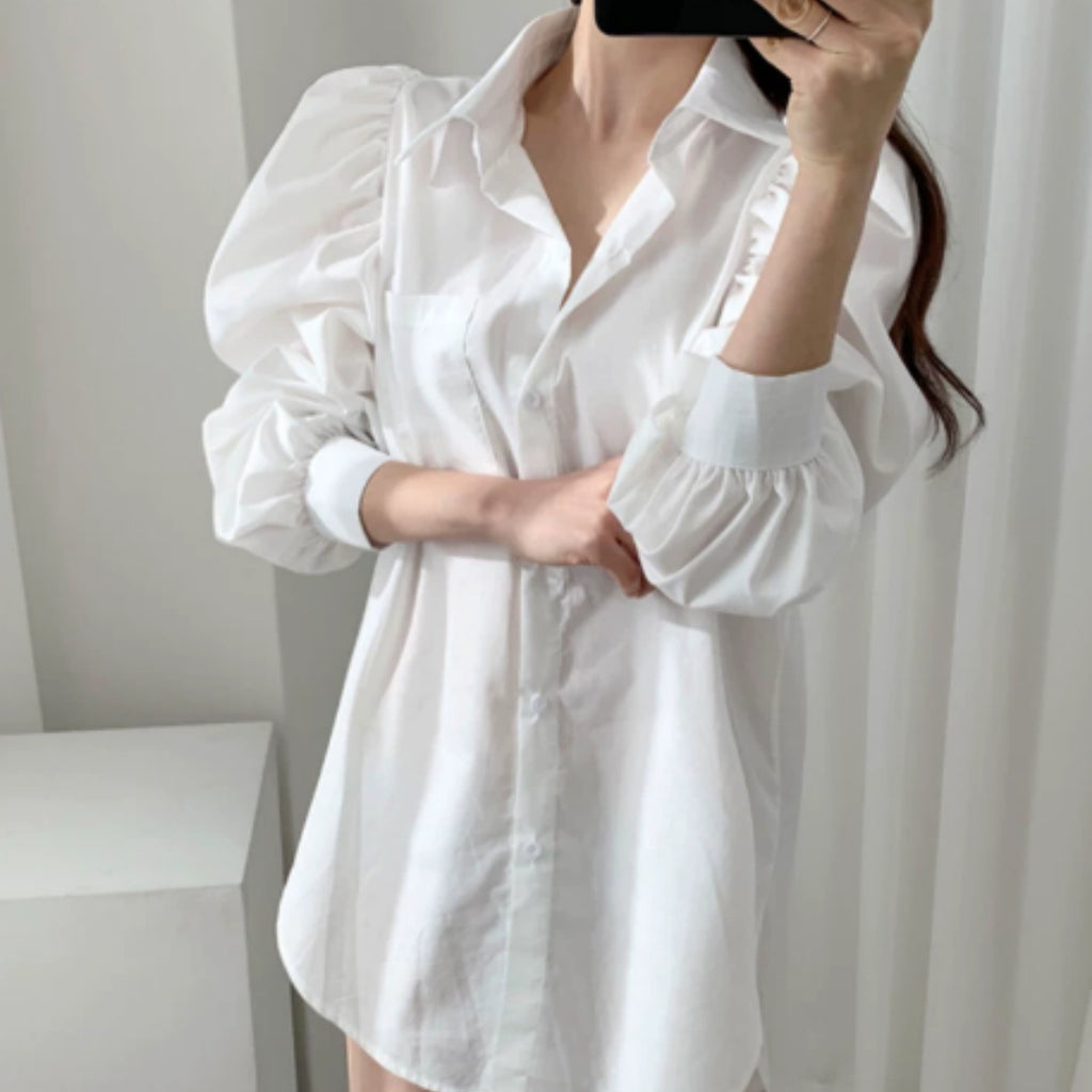 Loose Mid To Long Pleated Design Bubble Sleeve Shirt For Women by Ricaloux