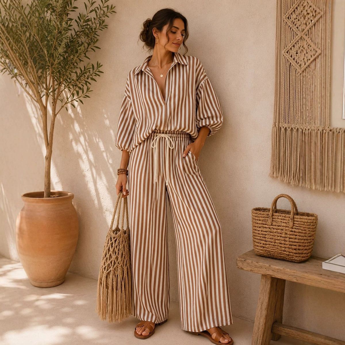 Fashionable Striped Lapel Shirt And Pants Womens Set by Ricaloux
