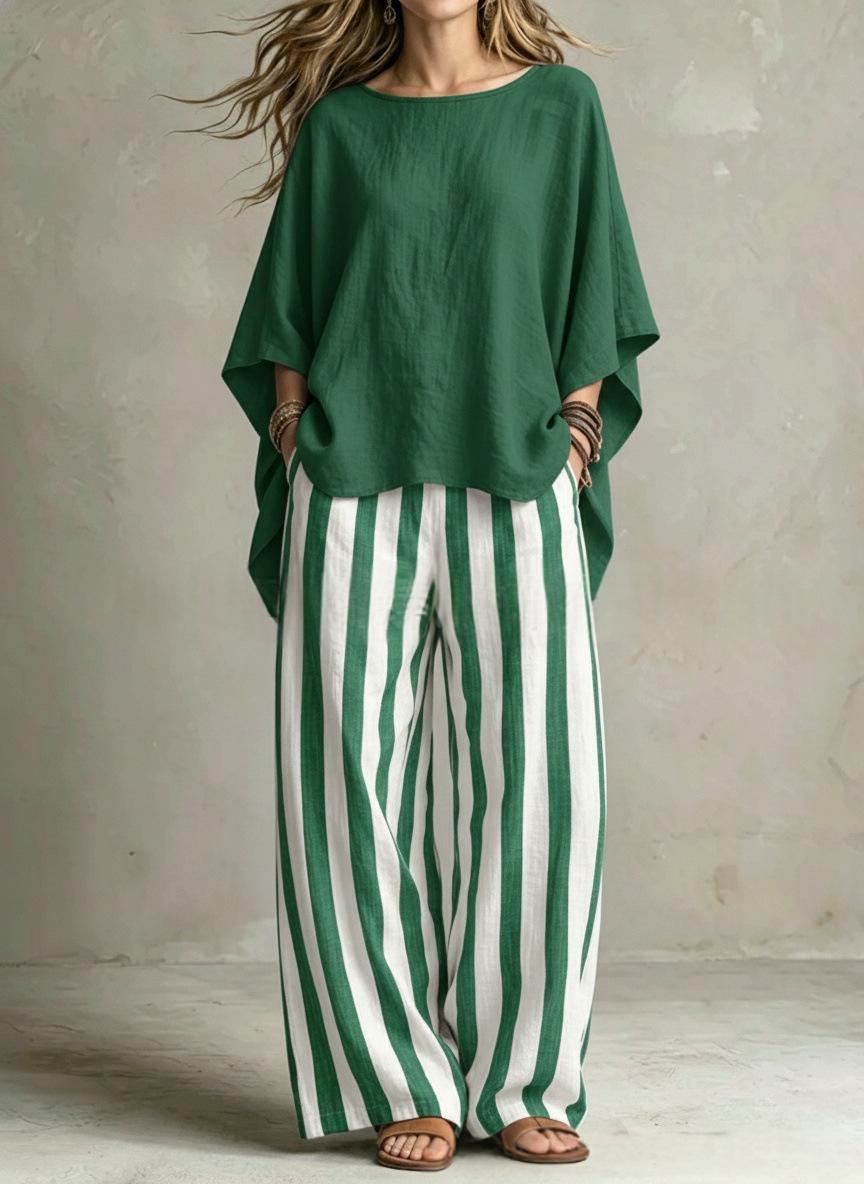 Womens Striped Pants And Cotton-Linen Top Set With Batwing Sleeves – Premium 0 | RICALOUX