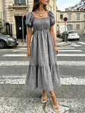 Women's Gingham Puff Sleeve Square Neck Smocked Tiered Maxi Dress - Casual Summer Beach Dress by Ricaloux