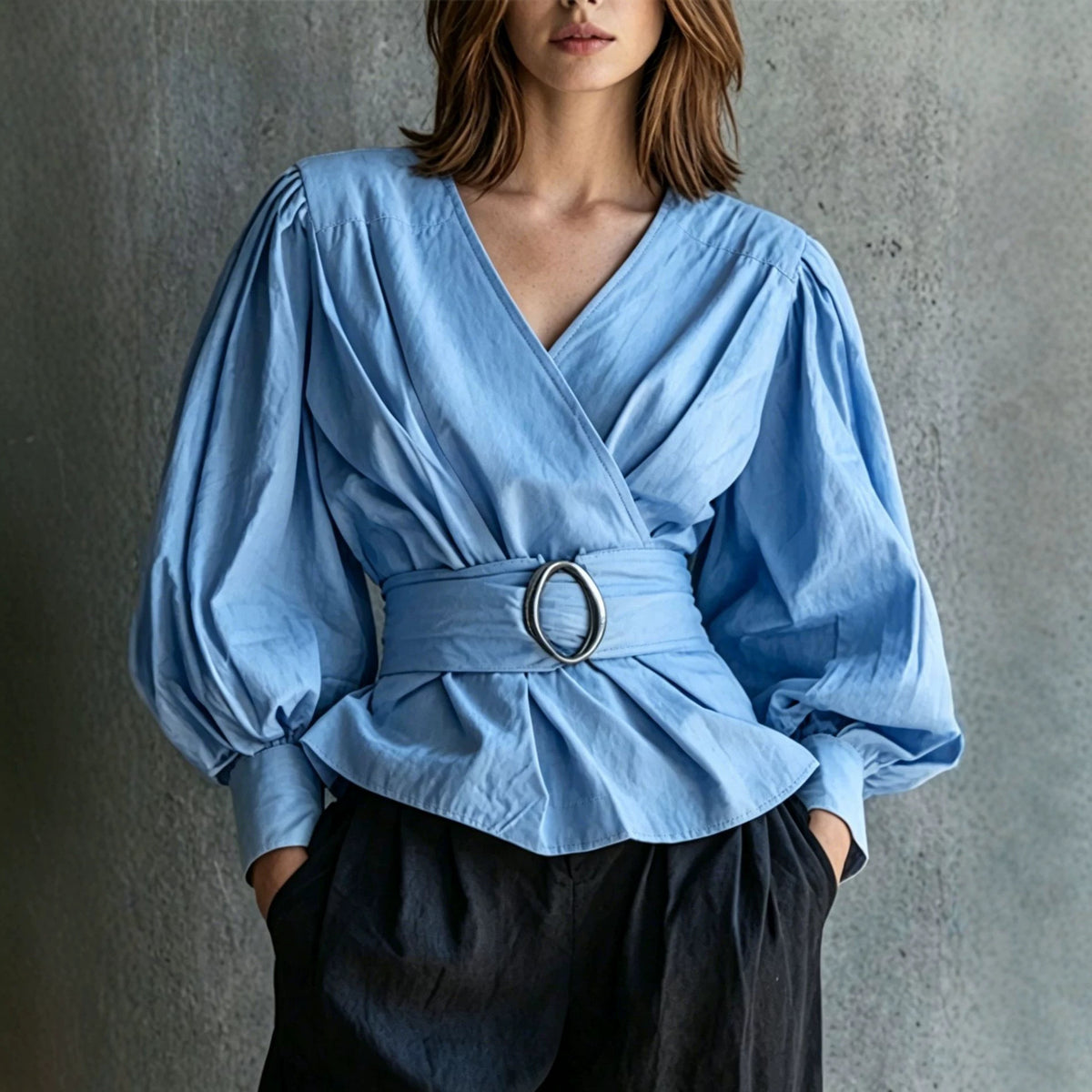 Womens V-neck Blouse With Ruffled Cuffs And Puff Sleeves – Premium 0 | RICALOUX