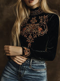 Elegant Turtle Neck Embroidery Velvet Long Sleeves Top by Ricaloux