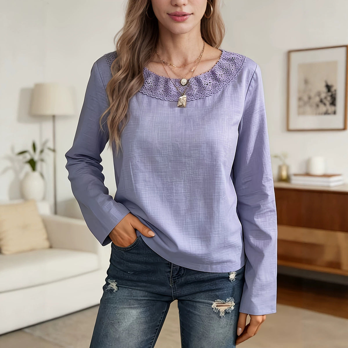European And American-style Lavender Vintage Lace-trimmed Casual Crew-neck Long-sleeve Top – Premium 0 | RICALOUX