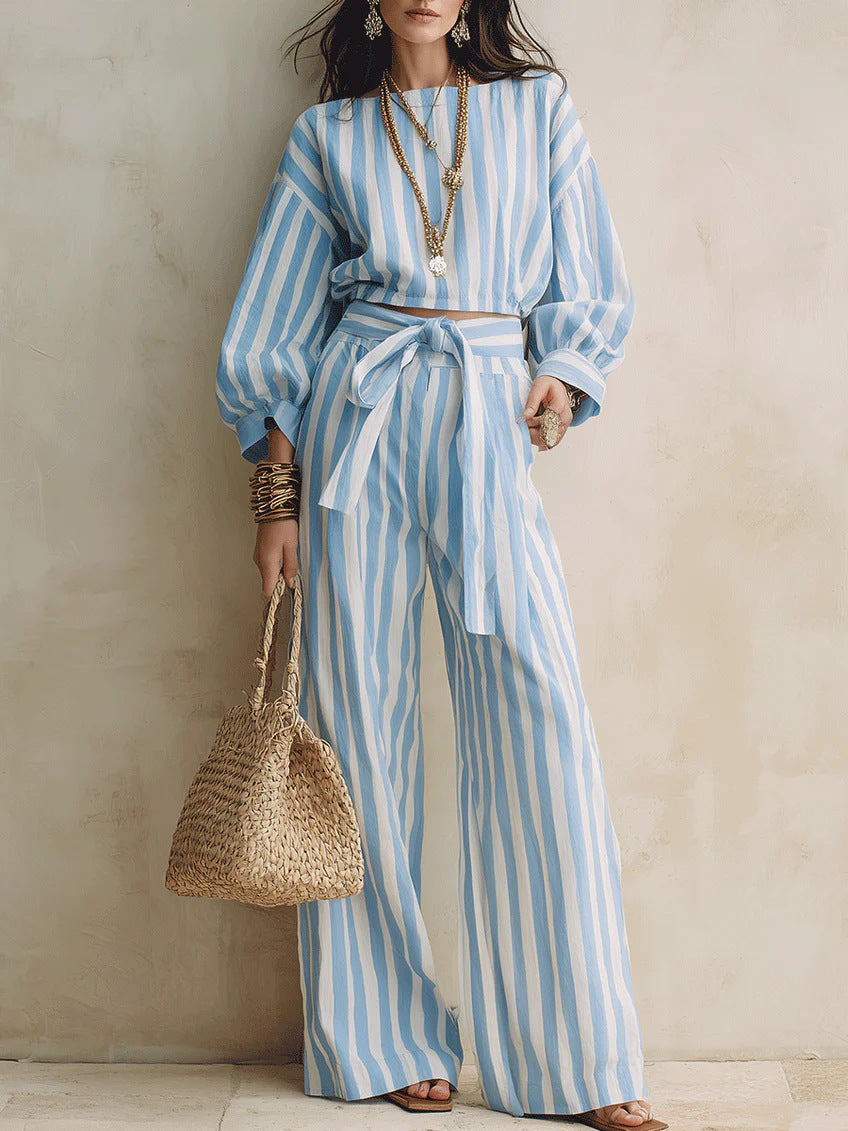 Womens Striped Cropped Top And Casual Lace-up Wide-leg Pants Set – Premium 0 | RICALOUX