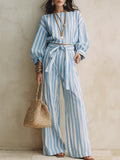 Womens Striped Cropped Top And Casual Lace-up Wide-leg Pants Set – Premium 0 | RICALOUX