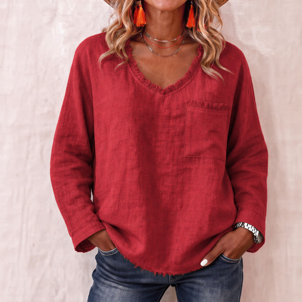 Loose-fit V-neck Long-sleeve Solid-color Casual Top For Women by Ricaloux
