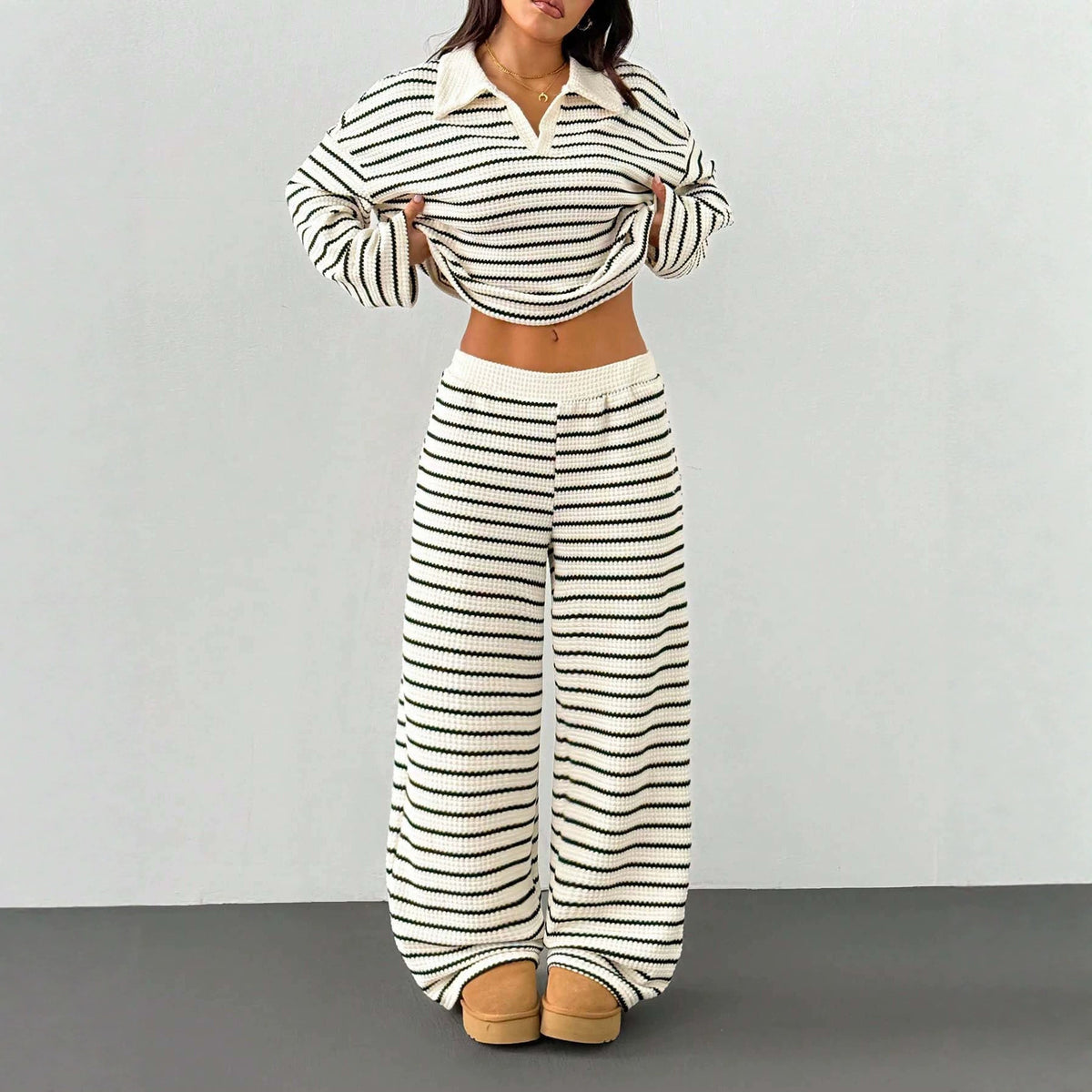 Striped Knitted Color-Block Long-Sleeve Top And Pants Casual Set – Premium 0 | RICALOUX