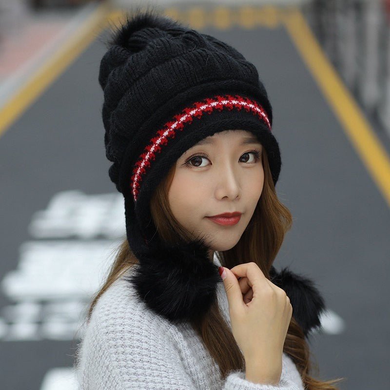 Cozy Knit Fleece-Feel Beanie With Ear Flaps & Pompom Warm Winter Hat For Women Perfect For Skiing & Outdoor Activities - RICALOUX