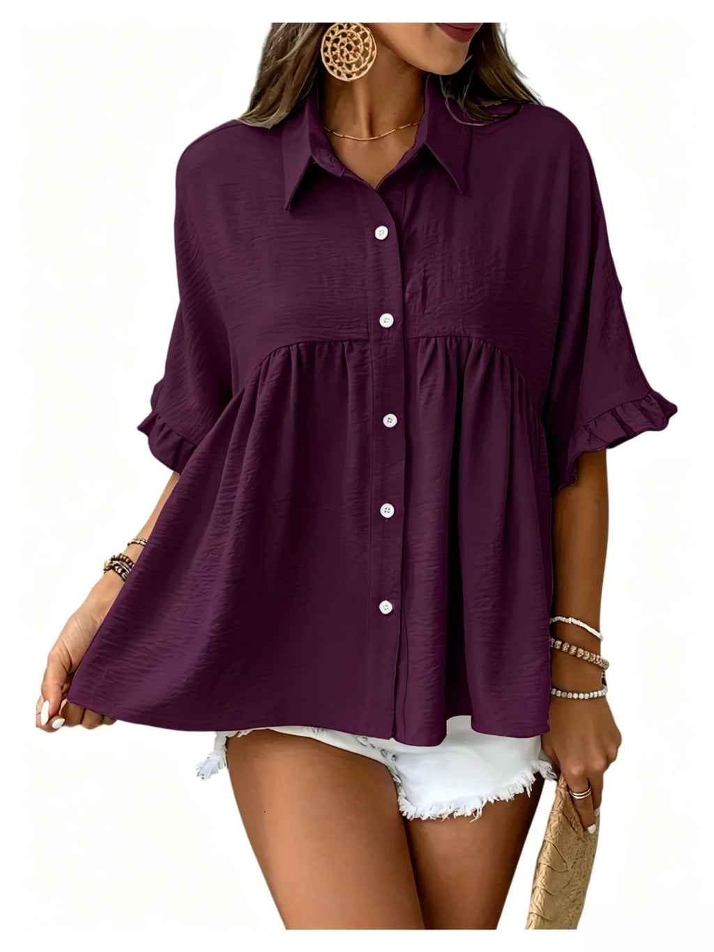 Polo-neck Flared-sleeve Solid-color Button-front Resort-style Top – Premium 0 | RICALOUX
