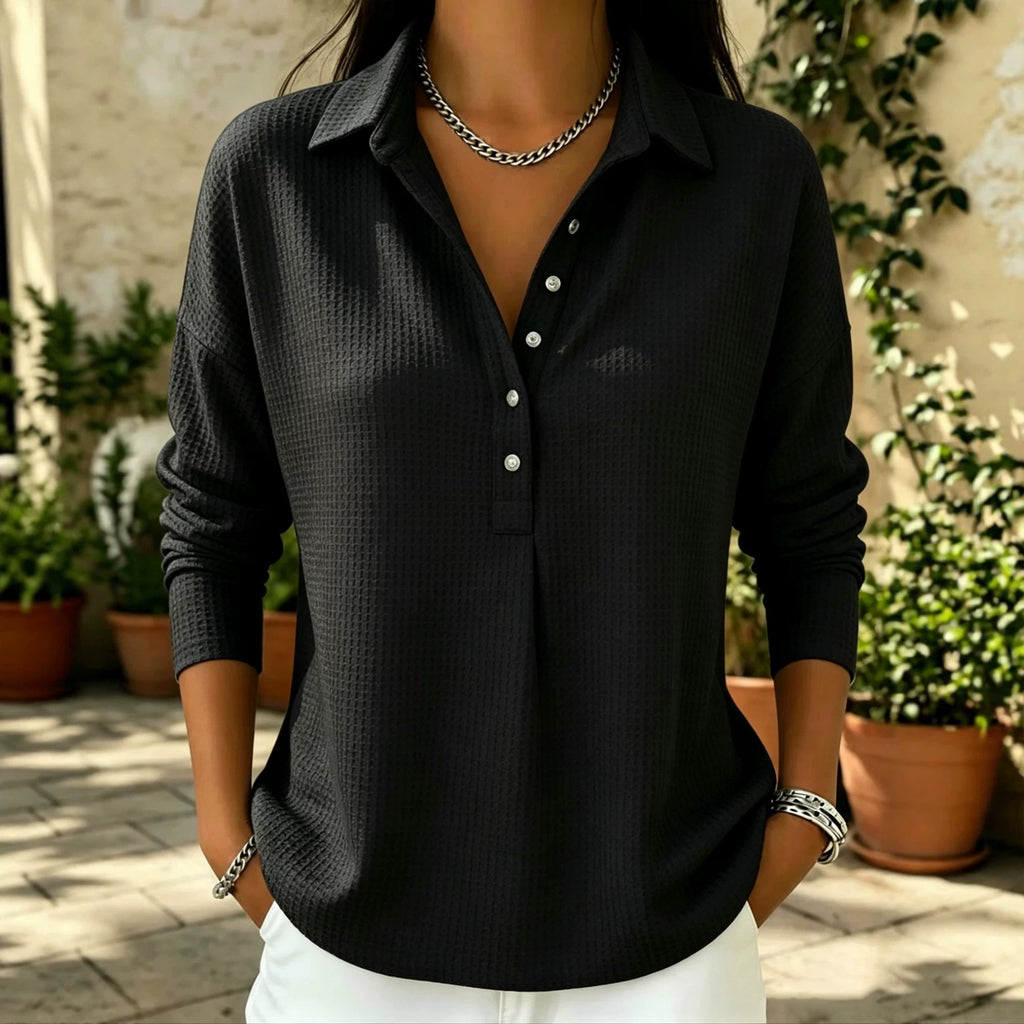 Waffle-weave Relaxed-fit Lapel Long-sleeve Solid-color Button-up Shirt by Ricaloux
