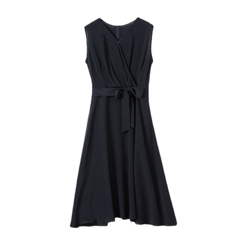 French-style V-neck Sleeveless Silk Waist-cinching Dress by Ricaloux