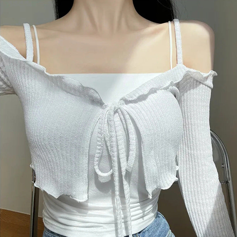 Off-Shoulder Slim-Fit Lace-Up Long-Sleeve Cardigan T-Shirt by Ricaloux